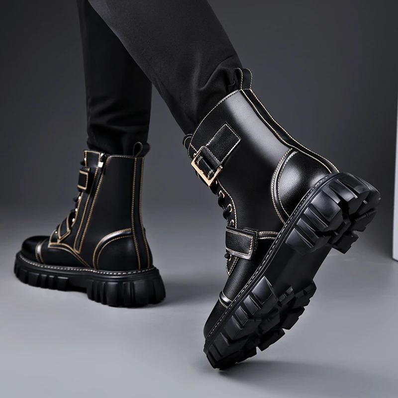 秋冬男士马丁靴时尚百搭厚底加绒英伦风高帮保暖中筒工装靴子男