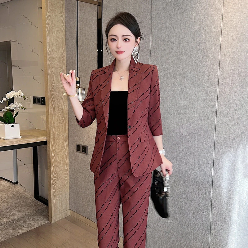 西装外套女灰色五分袖斜条纹印花西服两件套气质时尚高端职业套装