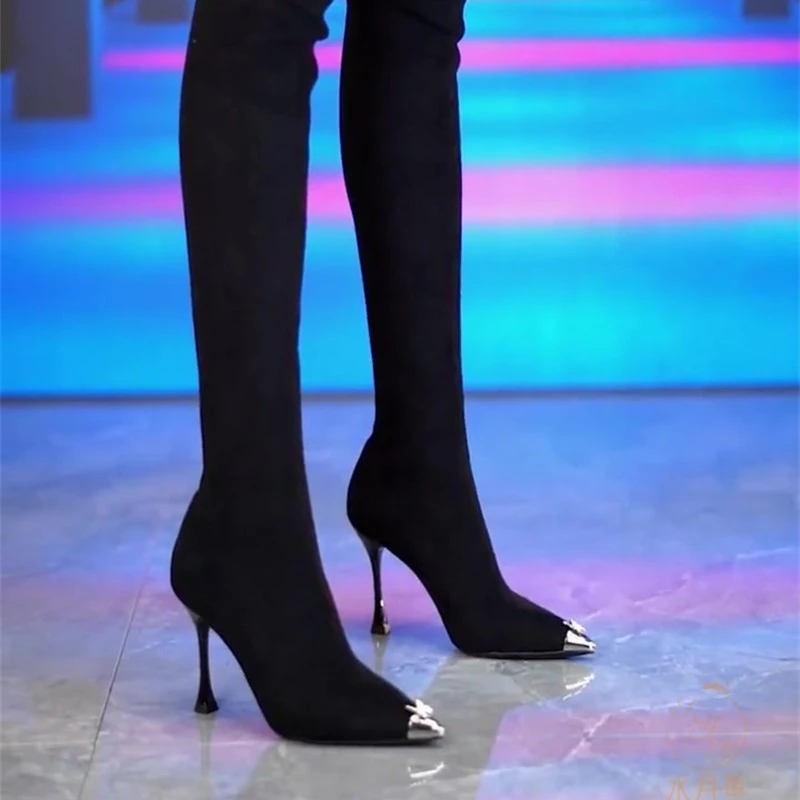 欧美优雅金属尖头高跟瘦瘦靴2025秋冬季蝴蝶时尚气质细跟过膝长靴