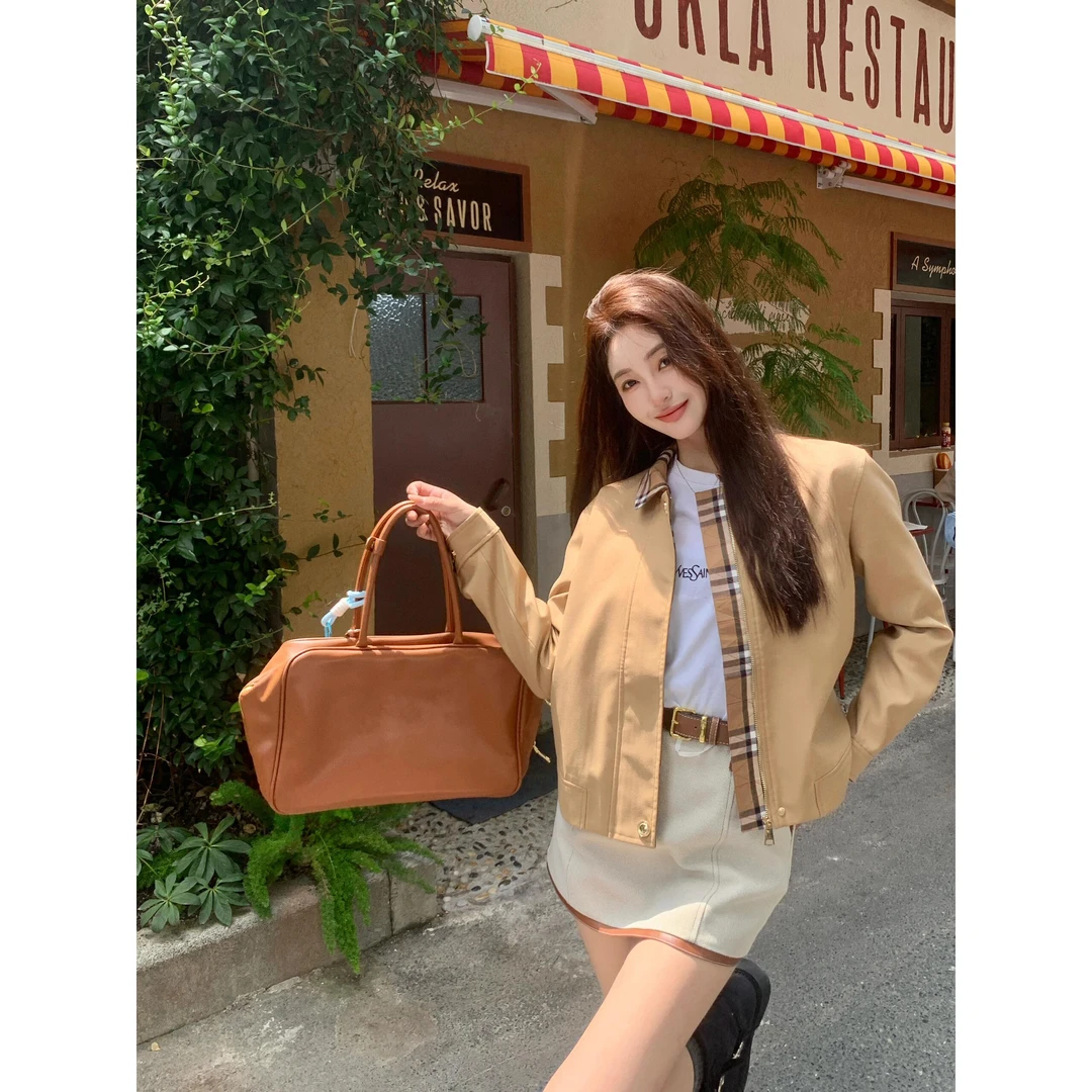【东京日落】名媛风卡其色短款格子风衣夹克外套女配高腰半身短裙