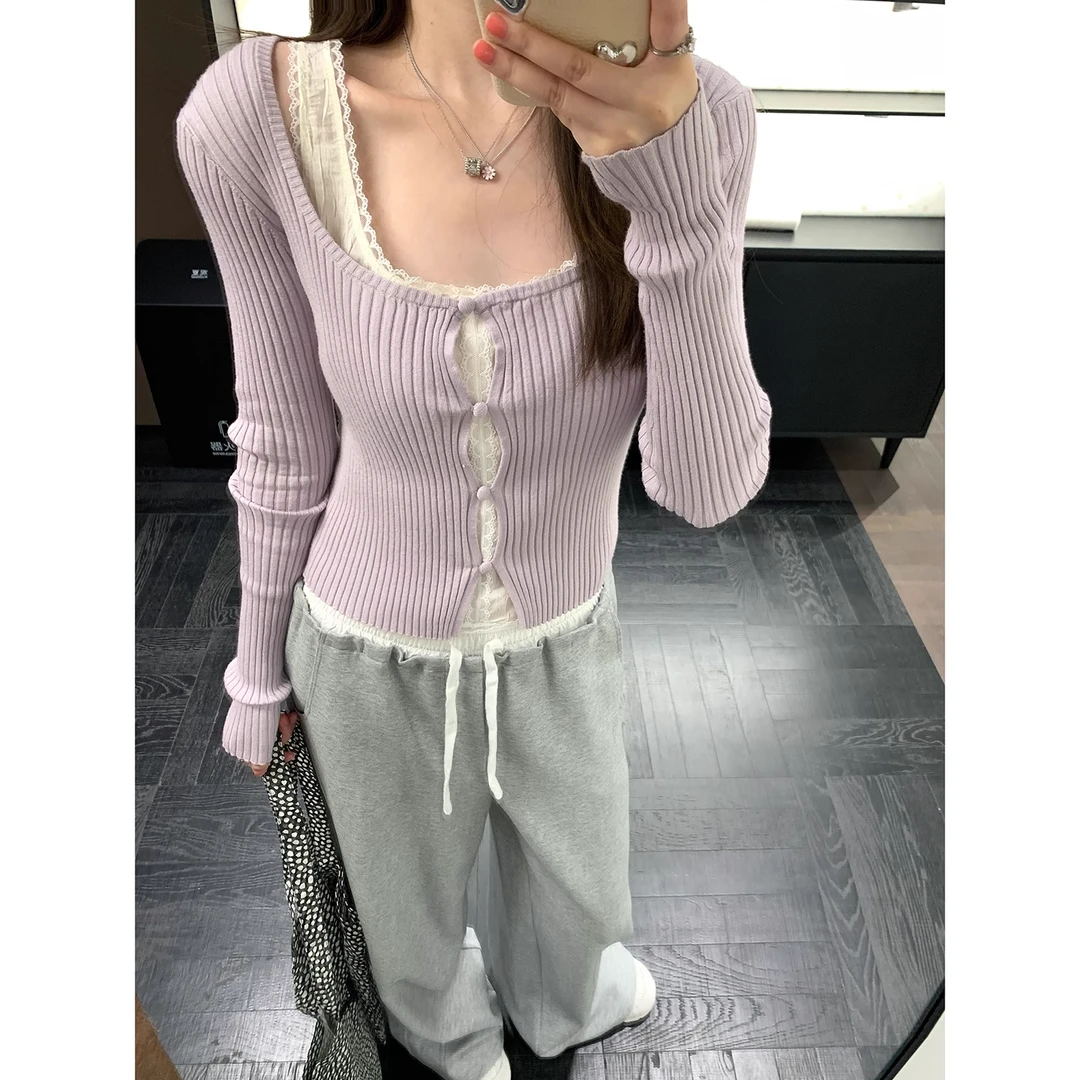 温柔系穿搭韩系纯欲修身短款长袖假两件针织开衫女休闲百搭阔腿裤