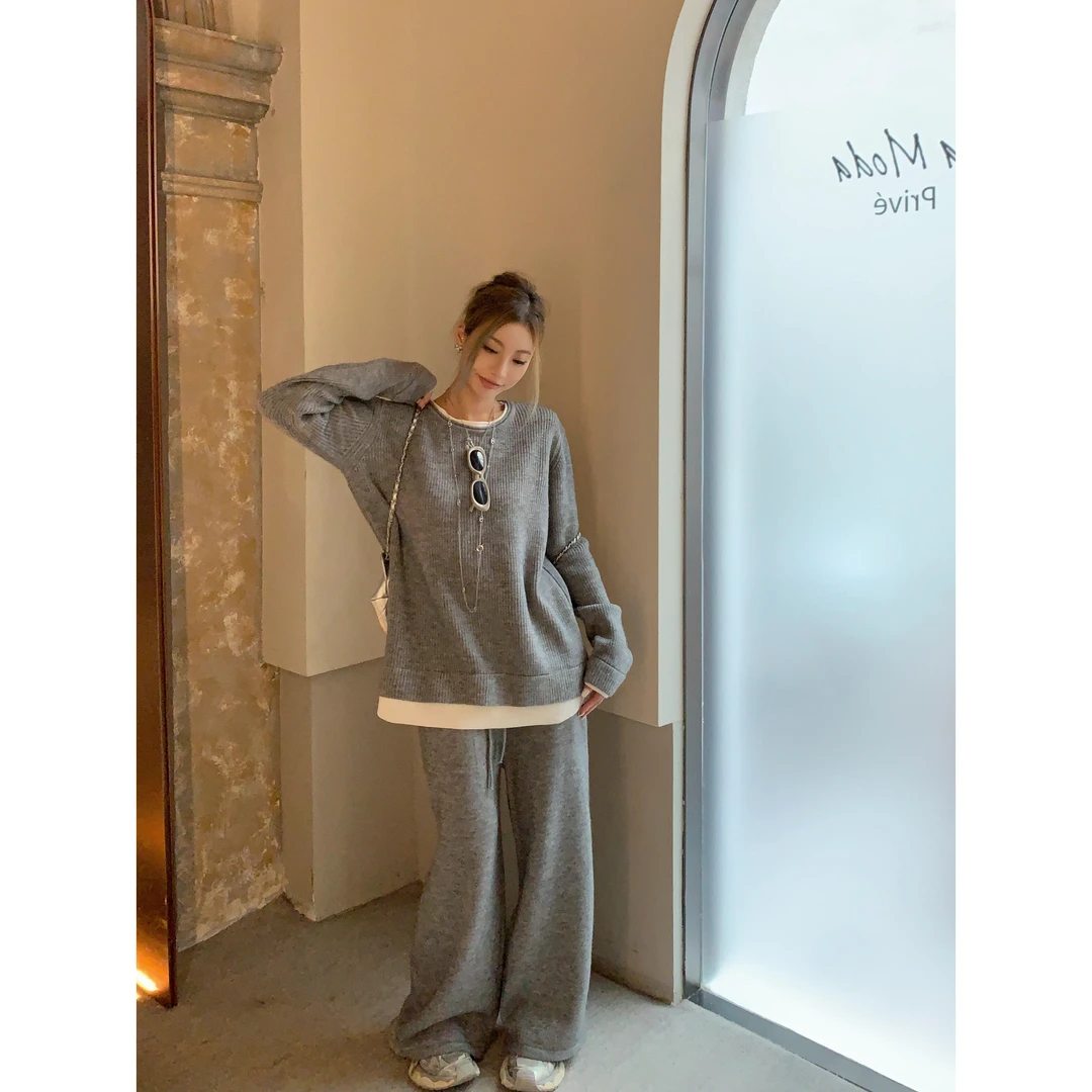 秋冬慵懒风休闲百搭假两件圆领长袖针织毛衣阔腿休闲裤2024年新款