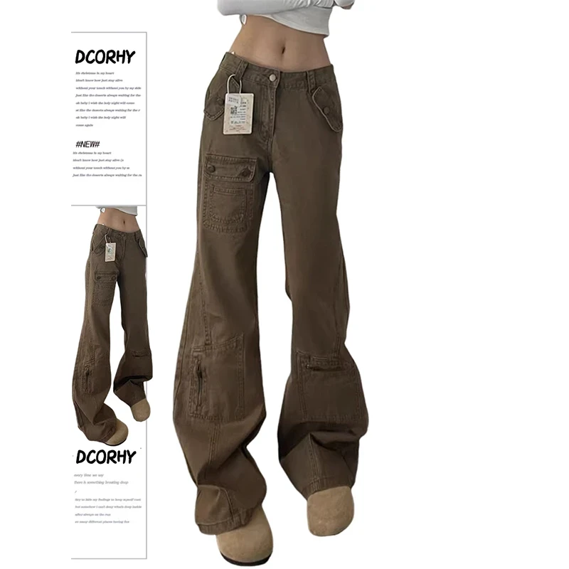 美拉德复古工装微喇牛仔裤女秋季2024新款多口袋宽松阔腿拖地裤子