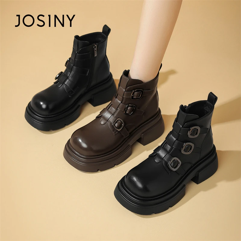 卓诗尼女式时尚百搭复古潮流英伦风粗跟中筒秋冬款气质洋气马丁靴