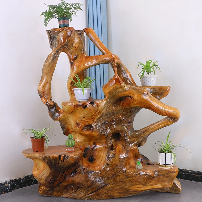 根雕花架树根摆件树型摆花架香樟木实木落地木雕根艺MH10191