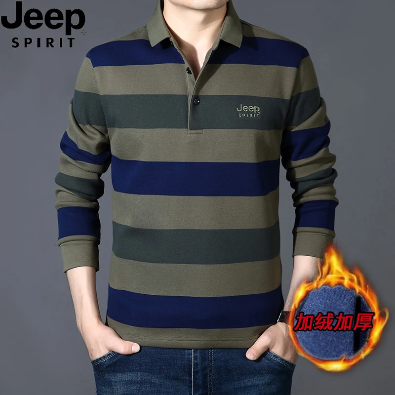 JEEP长袖T恤男士条纹POLO衫加绒宽松休闲纯棉秋冬大码翻领体恤