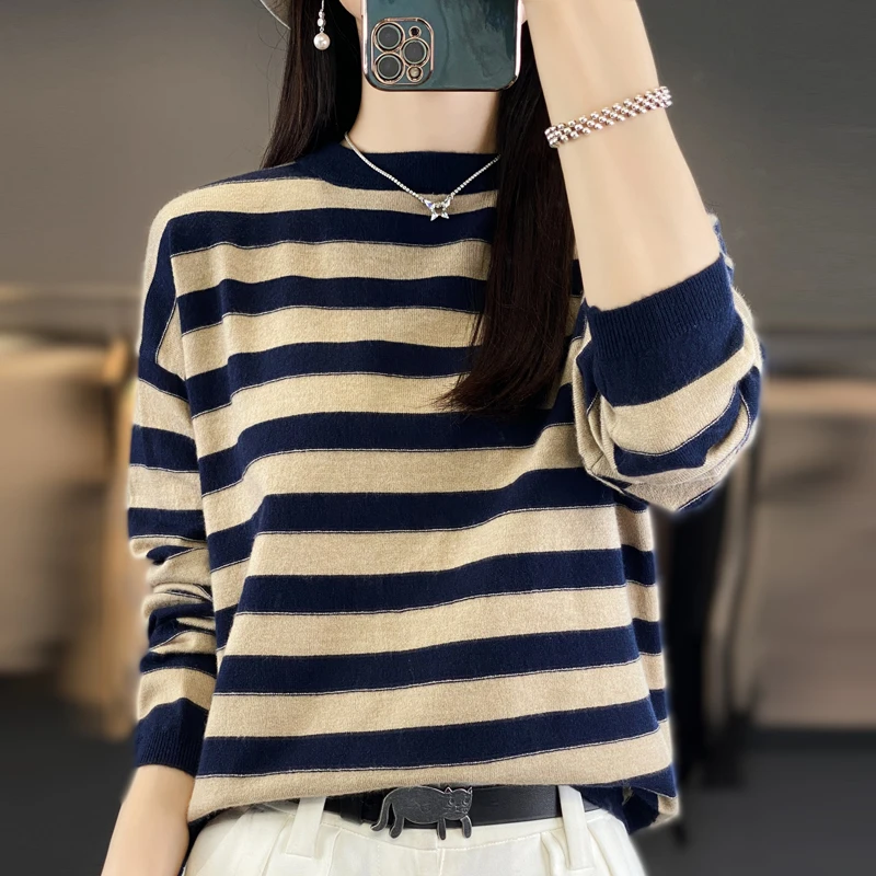 早秋新款精纺毛针织衫女条纹宽松长袖打底毛衣百搭显瘦羊气圆领