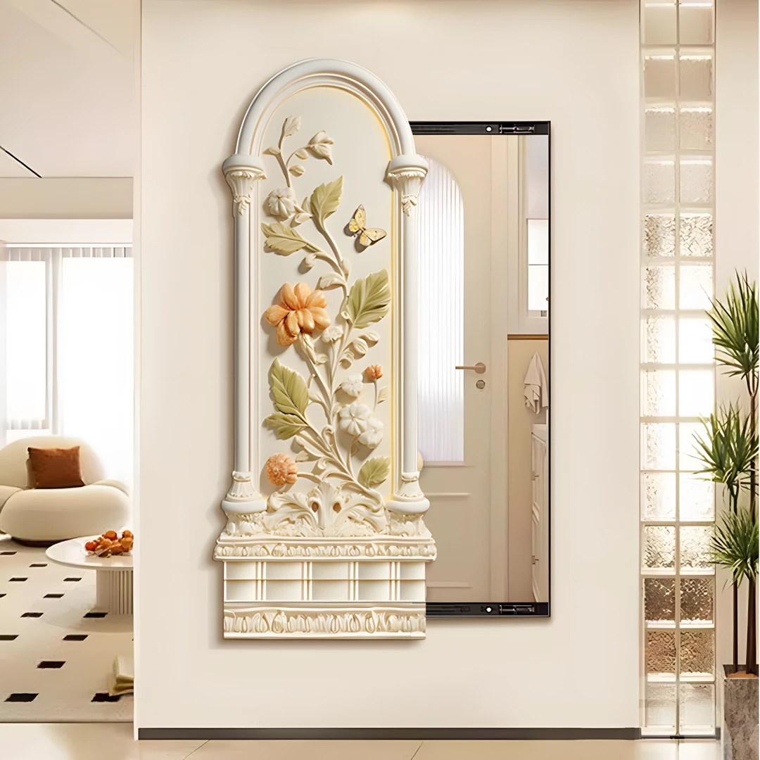 奶油风隐藏式推拉全身镜挂画高端装饰画法式立体花卉玄关装饰画