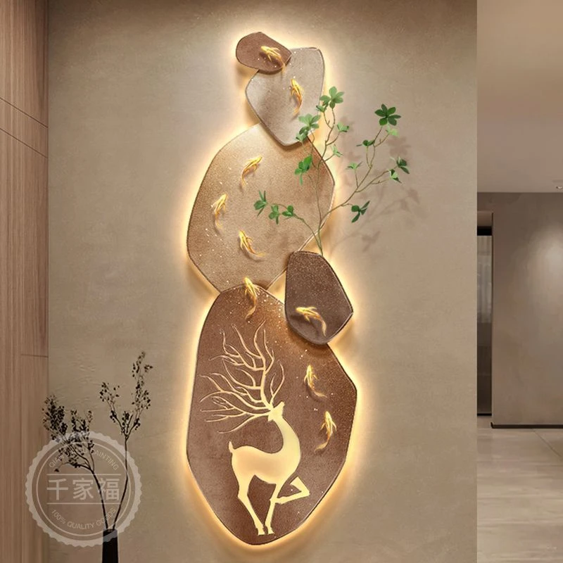 石来运转入户玄关装饰画高级感麋鹿走廊过道挂画侘寂风立体壁画灯