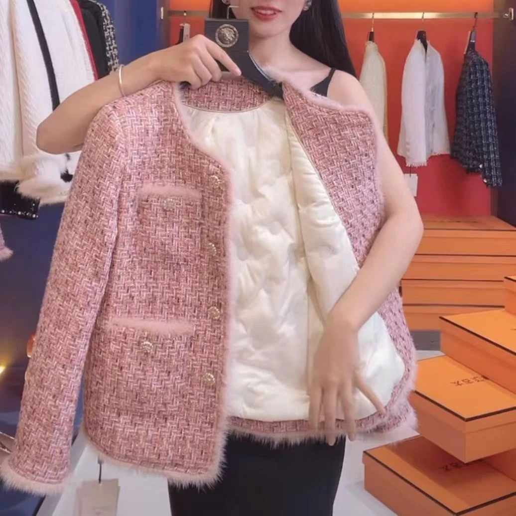 粉色小香风内胆白夹棉外套女冬季加厚新款粗花呢名媛风上衣女