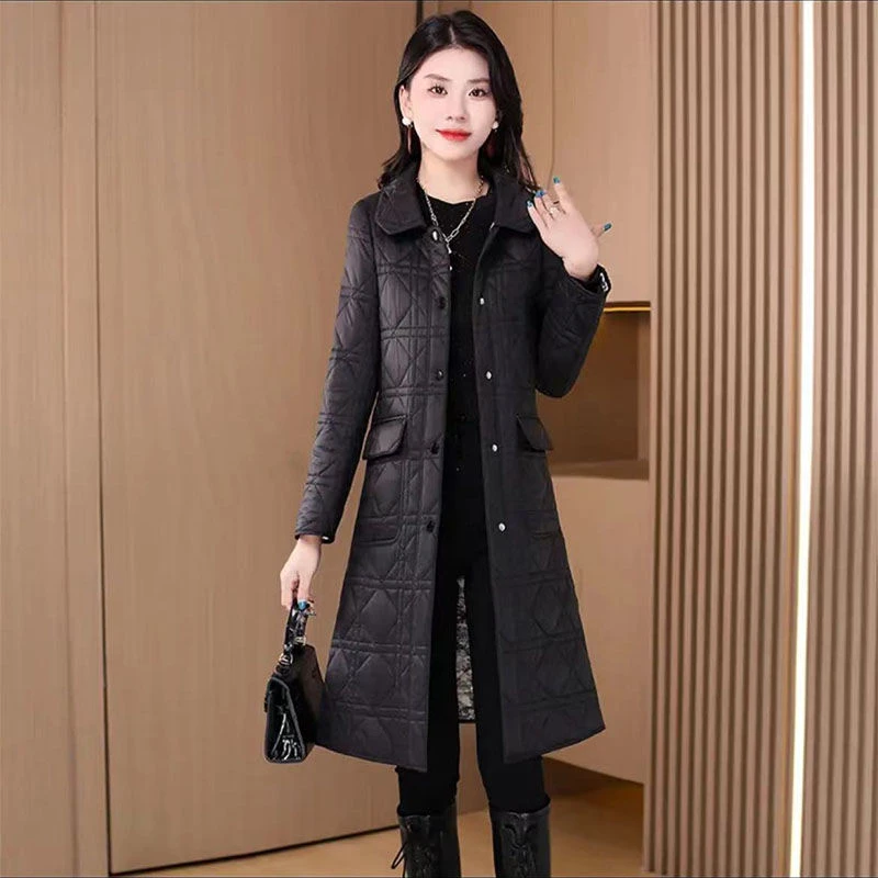 收腰显瘦棉衣2024年新款冬季中长款翻领长袖保暖棉服女装百搭外套