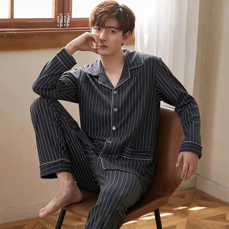 条纹睡衣男春秋冬长袖薄款开扣翻领男士睡衣可外穿全棉家居服套装