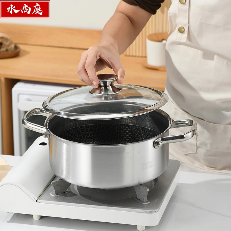不锈钢双耳汤锅24cm不粘锅炖煮锅电磁炉燃气灶通用