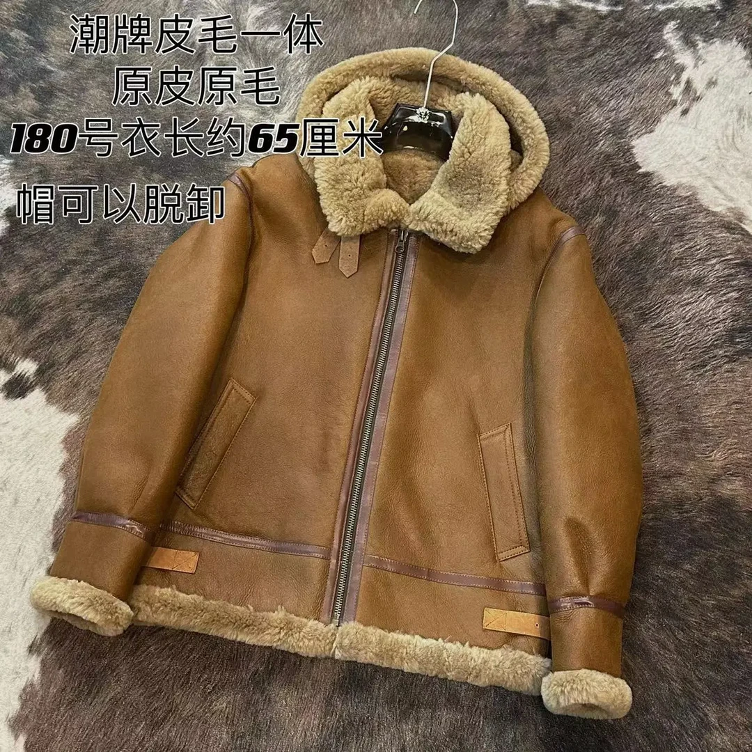 【梯梯男装加绒】男士美式加厚棕色B3复古潮牌(帽子可脱卸)2480真皮