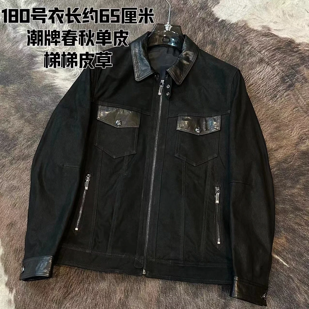 【梯梯男装】男士黑耀山羊皮短款反绒翻领休闲风暴骑士牛仔夹克9292