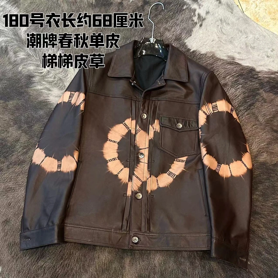 【梯梯男装】男士真皮皮夹克潮牌扎染克罗太阳花牛仔翻领皮衣23012