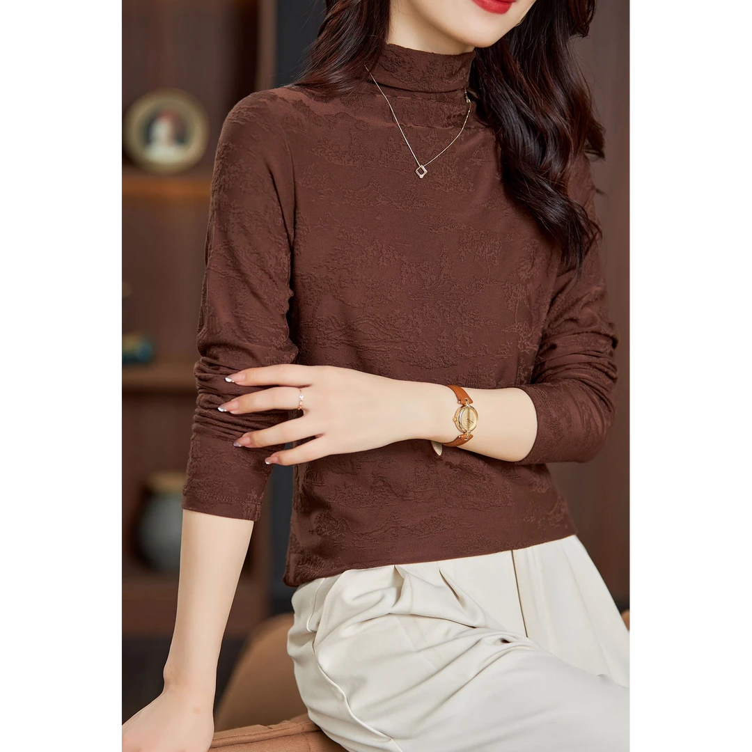 半高领长袖加绒加厚百搭针织打底衫女秋冬新款套头衫23-869