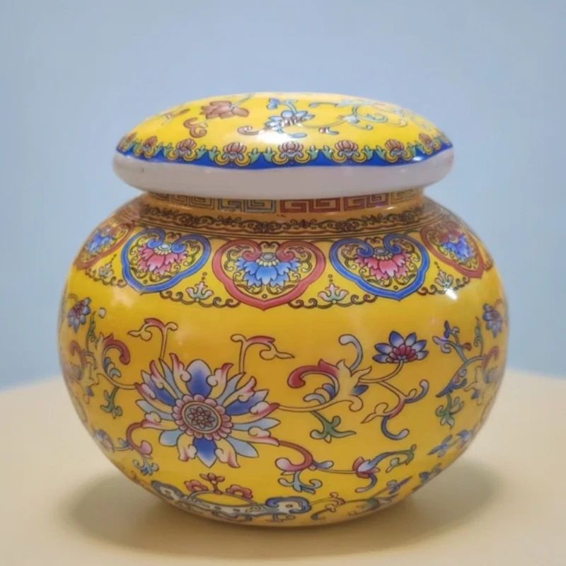 高度12口径8景德镇珐琅彩金帝黄茶叶罐185