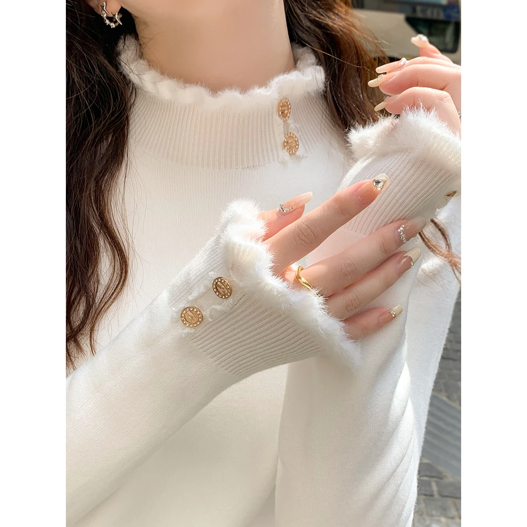 高级感毛衣女秋冬加厚2025新款修身内搭加绒打底衫半高领针织上衣