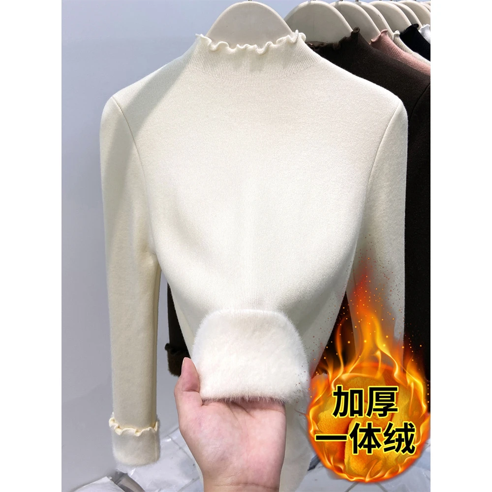 加绒加厚半高领内搭打底衫女秋冬装新款一体式水貂绒修身毛衣上衣