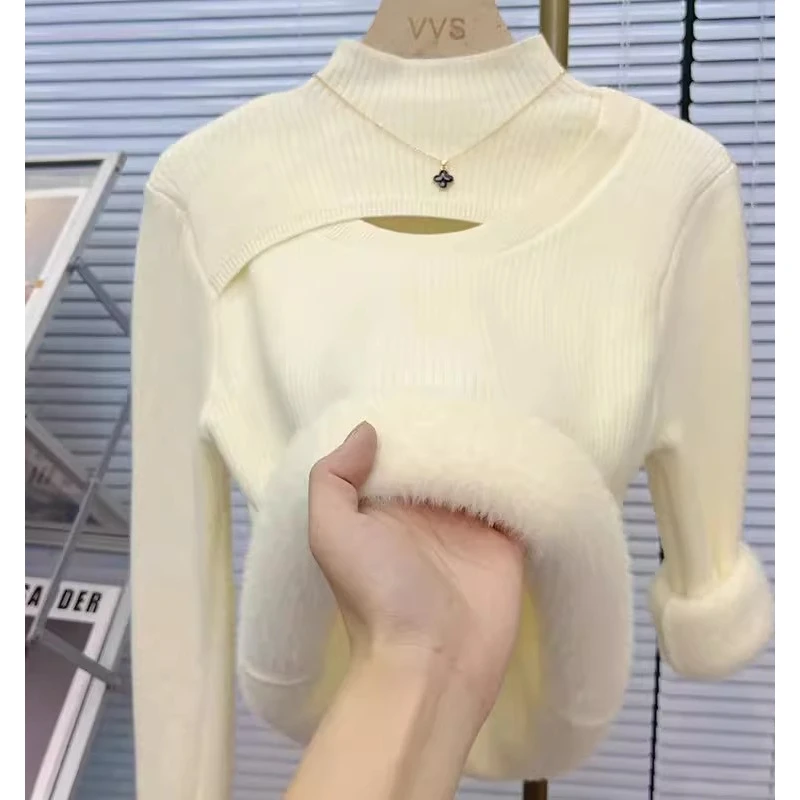 品质一体绒毛衣女保暖半高领加绒加厚百搭外穿打底针织衫针织上衣