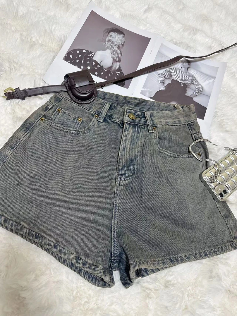 欧货水泥灰高腰复古a字显瘦阔腿牛仔短裤热裤