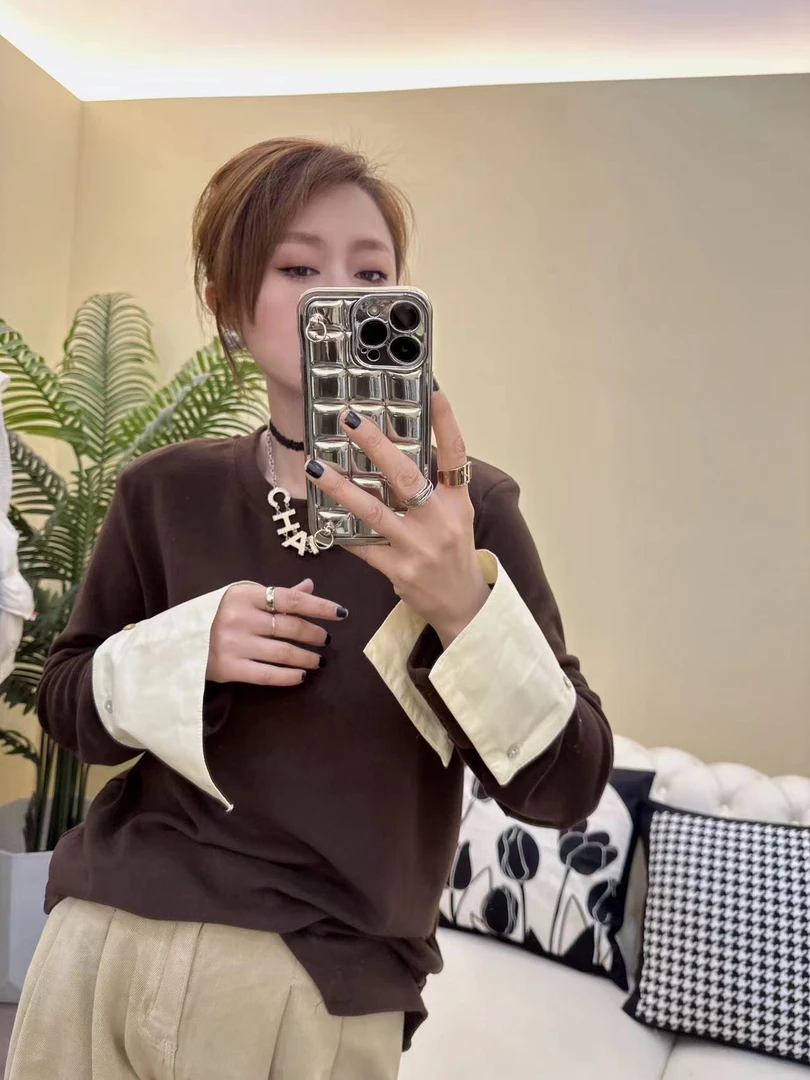 欧货设计感垫肩款可脱卸衬衫袖拼接软糯磨毛不规则t恤打底上衣