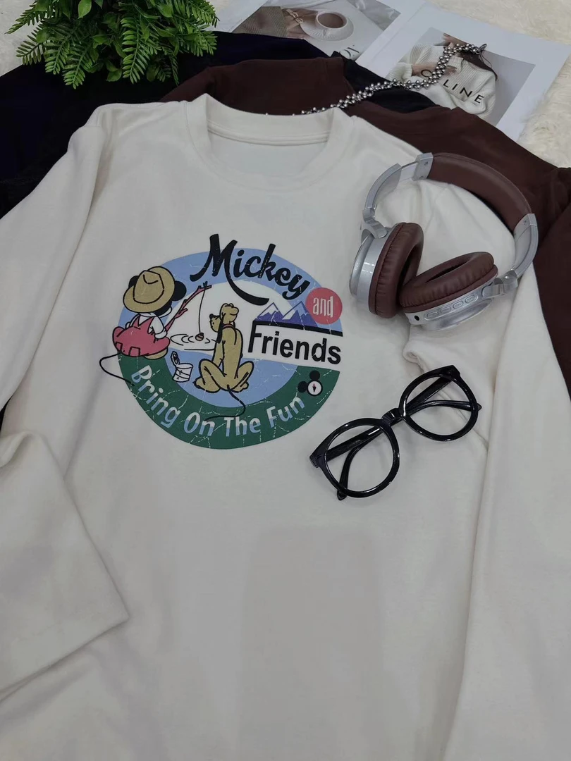 欧货磨毛双面绒加厚卡通印花圆领长袖打底衫