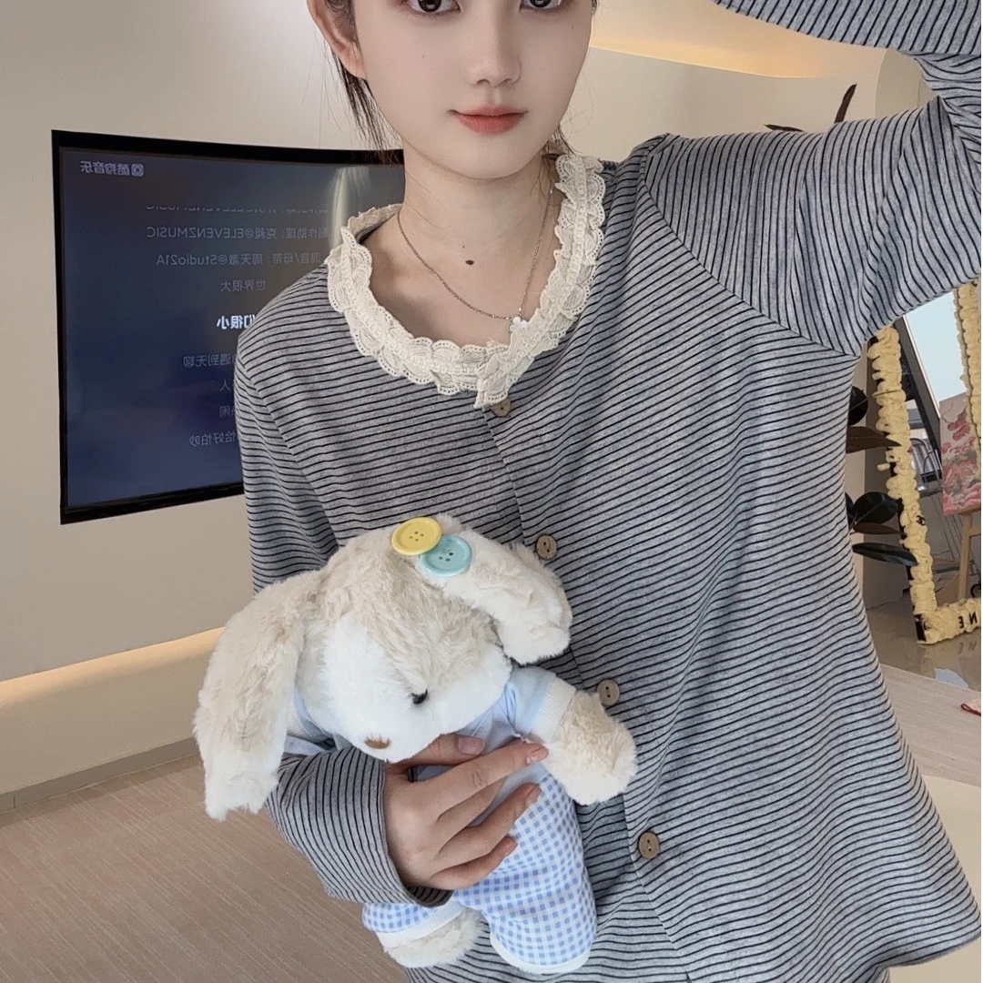 小舞【花朵条纹】蕾丝ins圆领韩版甜美网红长袖夏季休闲睡衣家居服