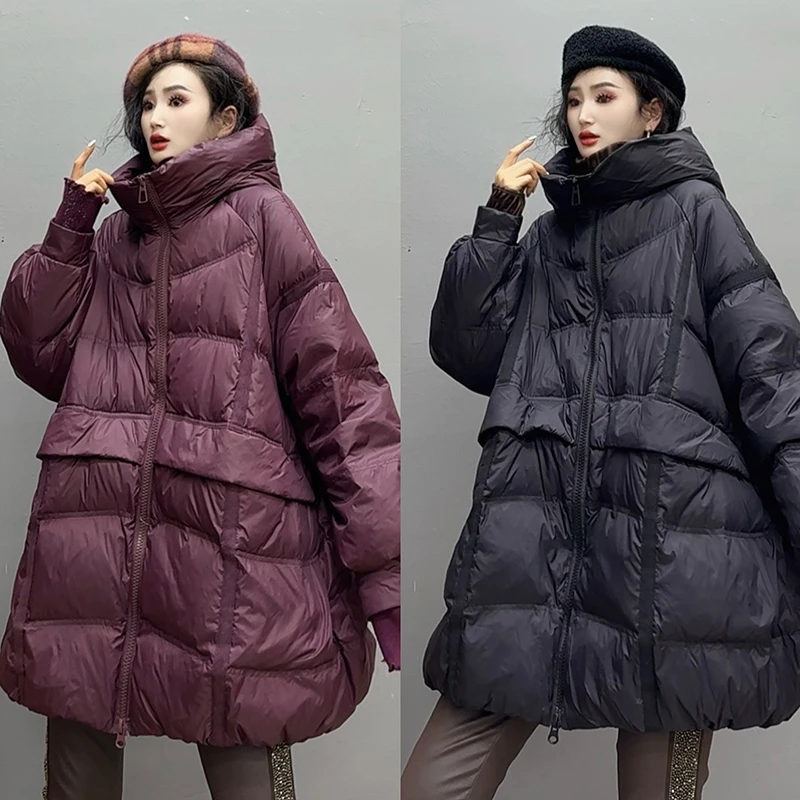 羽绒服2024冬季新款韩版宽松连帽加厚保暖大码白鸭绒女士外套-980