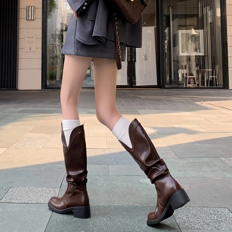 欧美西部牛仔靴褶皱堆堆靴复古小众粗跟不过膝黑色长靴V口骑士靴