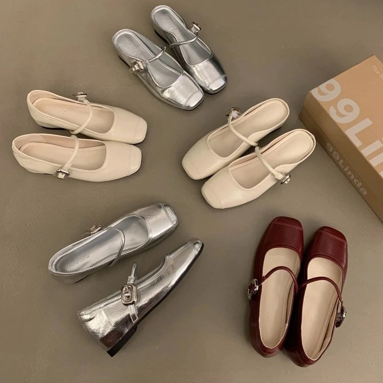 韩版一字带玛丽珍单鞋女2025夏季款法式银色时尚半拖鞋包头凉拖女