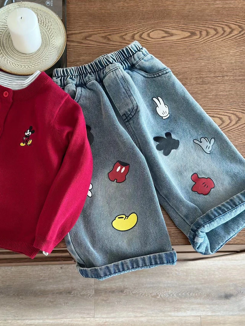 秋款米奇印花直筒休闲儿童牛仔裤