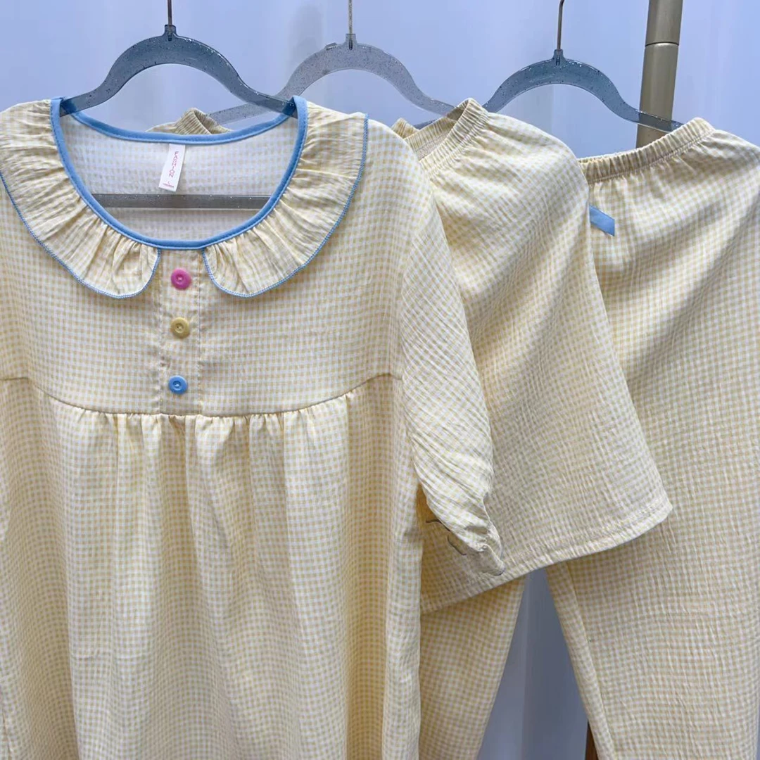 夏日新款套头胸垫黄格睡衣三件套AA323