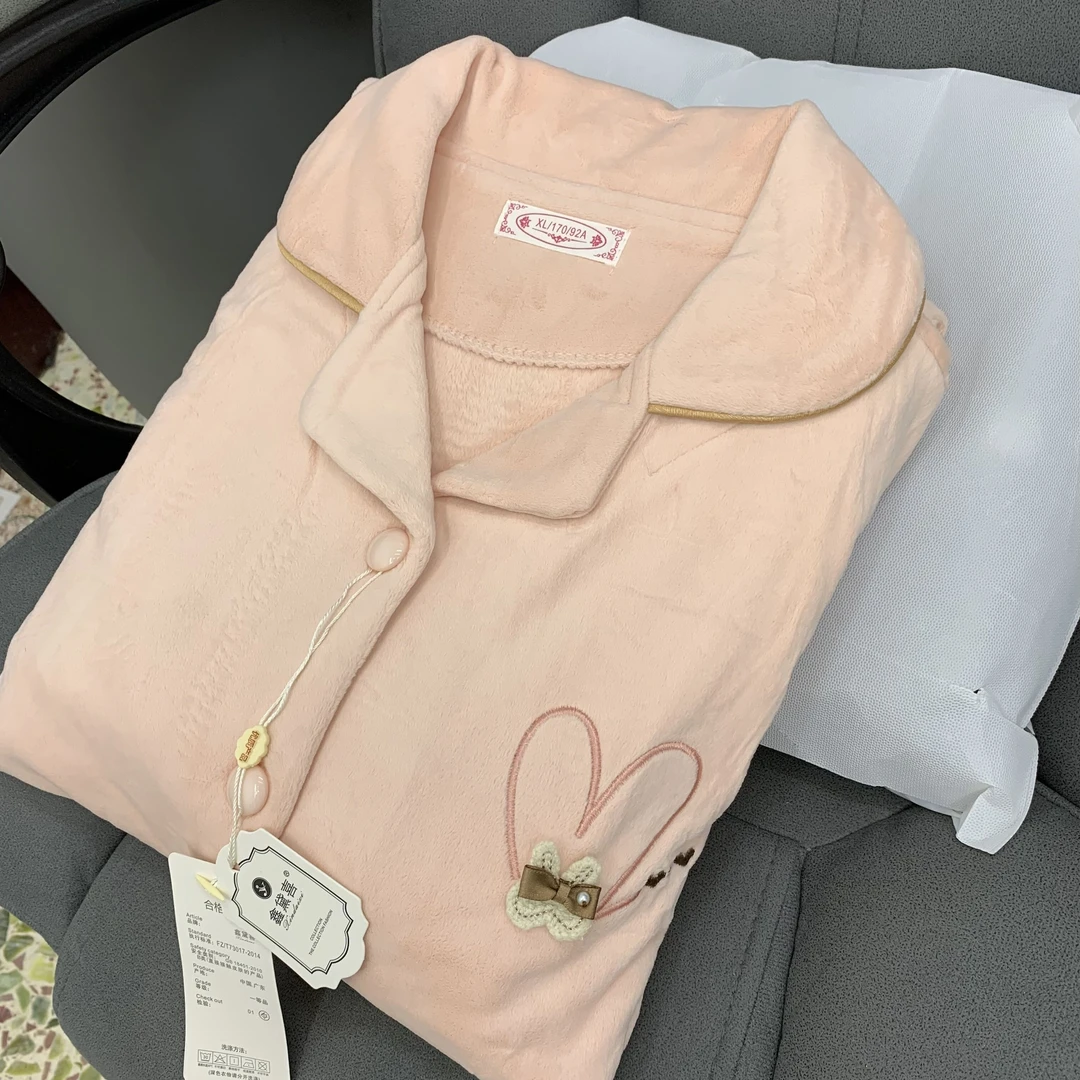 【米兔家居服】CD128海岛绒桔粉兔兔秋冬加厚长袖长裤