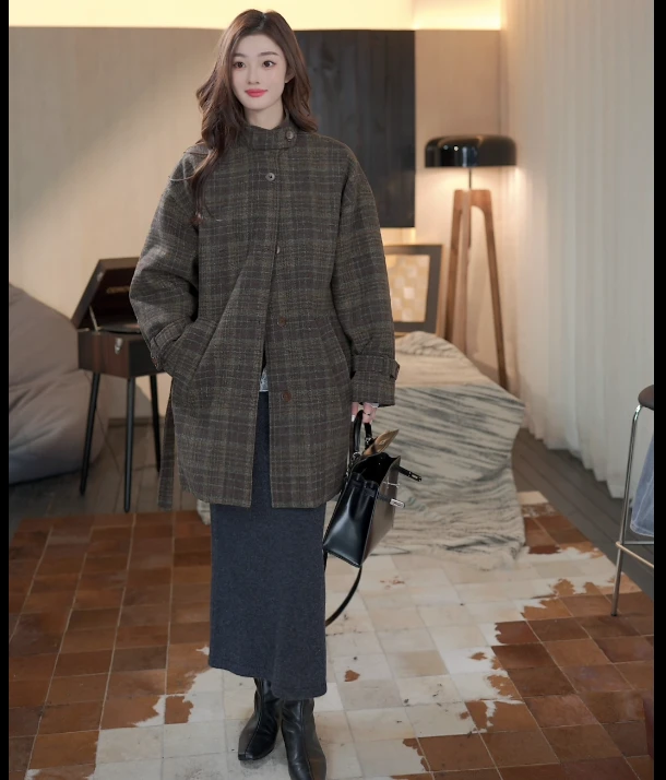 【伦敦落日】宽松复古格纹毛呢大衣羽绒服-lbq7153