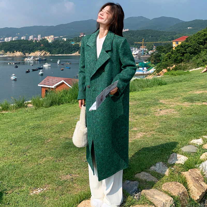 法式绿色双排呢大衣2024年秋冬中长款高级感高贵气质双面羊绒大衣