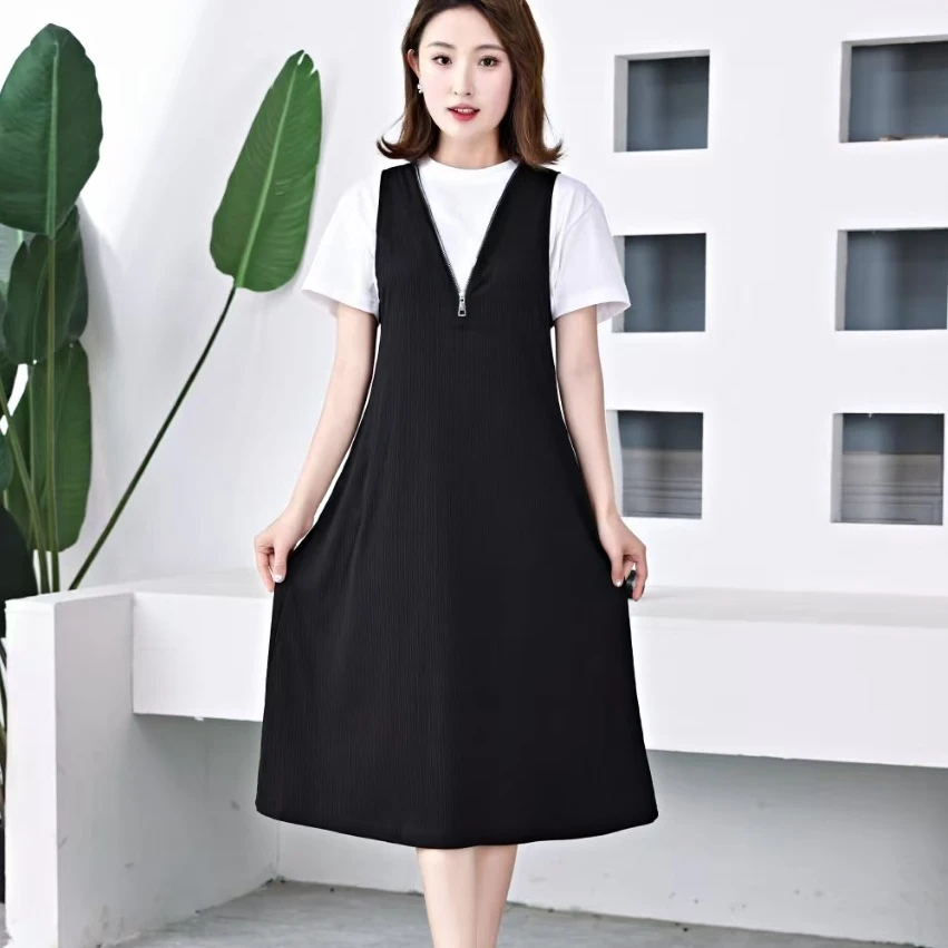 2夏季时尚简约清凉两件套新款休闲大码女装连衣裙套装显瘦