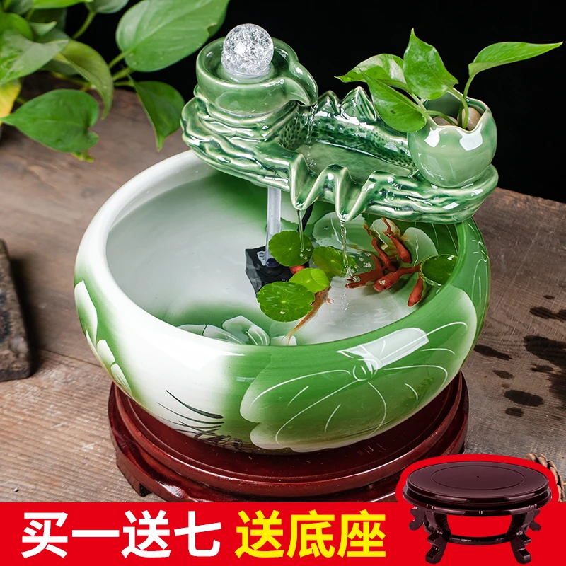 景德镇陶瓷鱼缸小型家用全自动过滤循环缸加湿装饰造景流水金鱼缸
