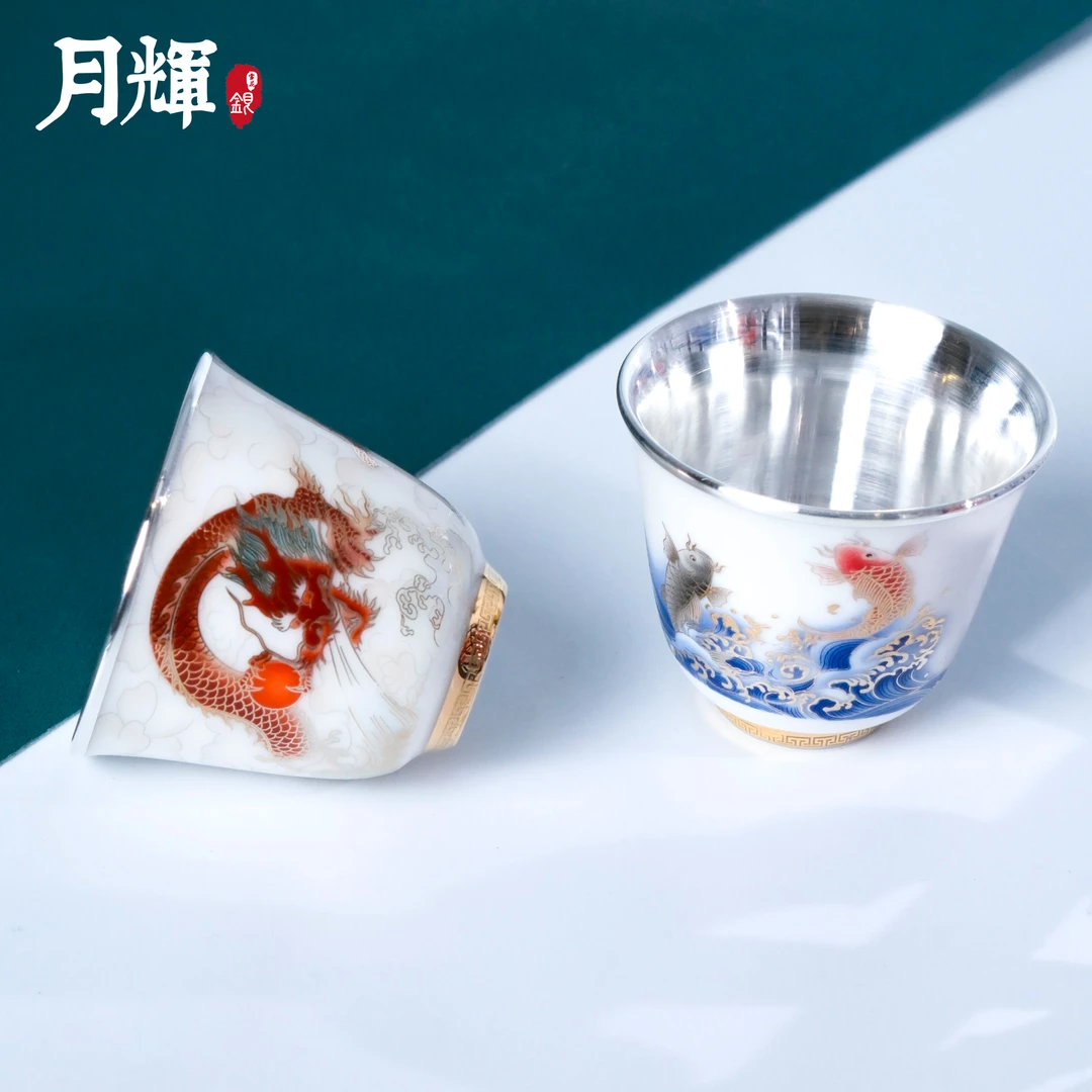 足银陶瓷银制品 月辉银器S008鲤鱼跃龙门茶杯中式风足银