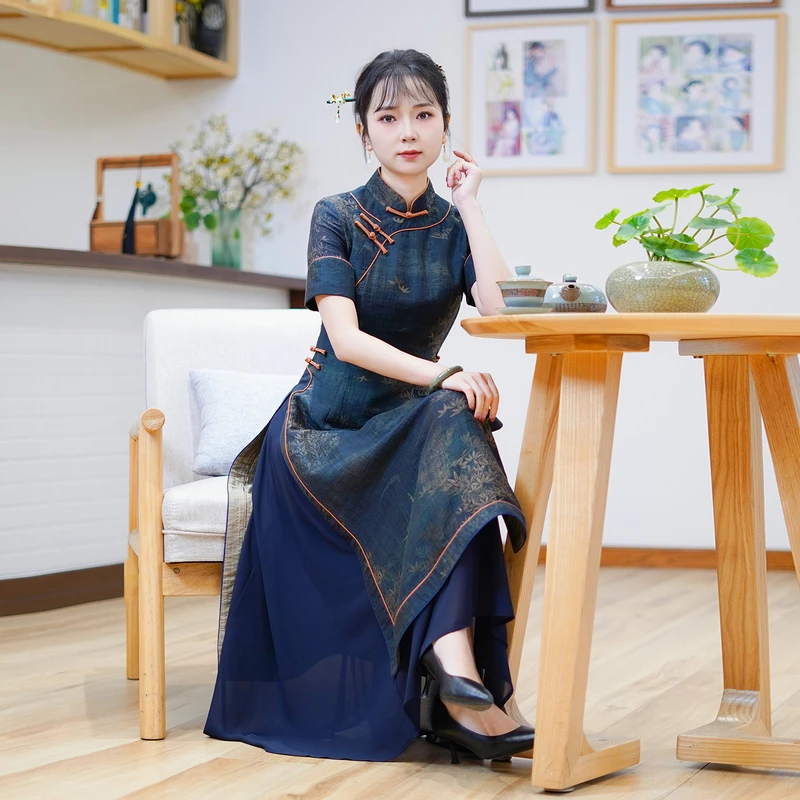 如意风夏季新款中国风奥黛旗袍连衣裙民国复古修身舒适裙子24R537