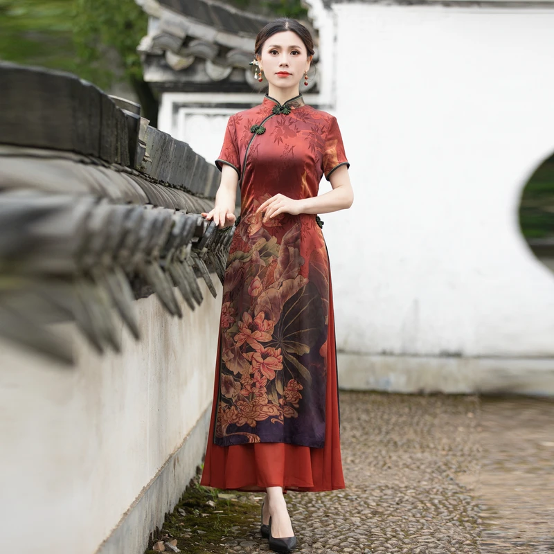 如意风奥黛高贵中国风中式女收腰显瘦款年轻民国复古裙子23R107