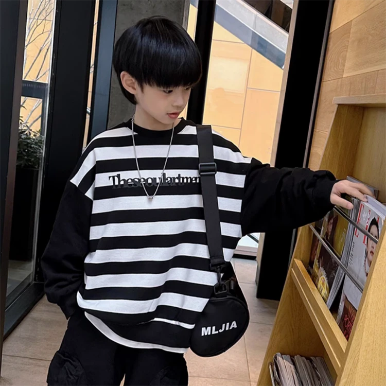 新款儿童春秋季卫衣男童帅气长袖套头上衣中大童条纹宽松打底衫