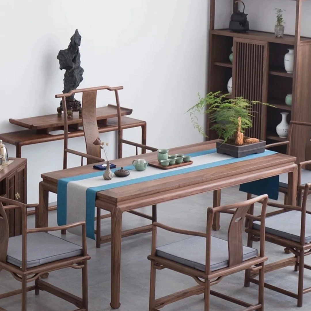沅木阁新中式马蹄桌老榆木胡桃色干泡台茶桌书桌禅意办公