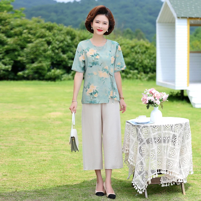 妈妈夏装套装短袖T恤洋气新款中老年人女夏季奶奶时髦上衣小个子