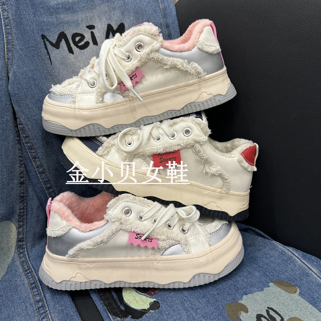 爆改国潮小众原创丑萌大头小白鞋女2024新款秋冬季百搭厚底二棉鞋