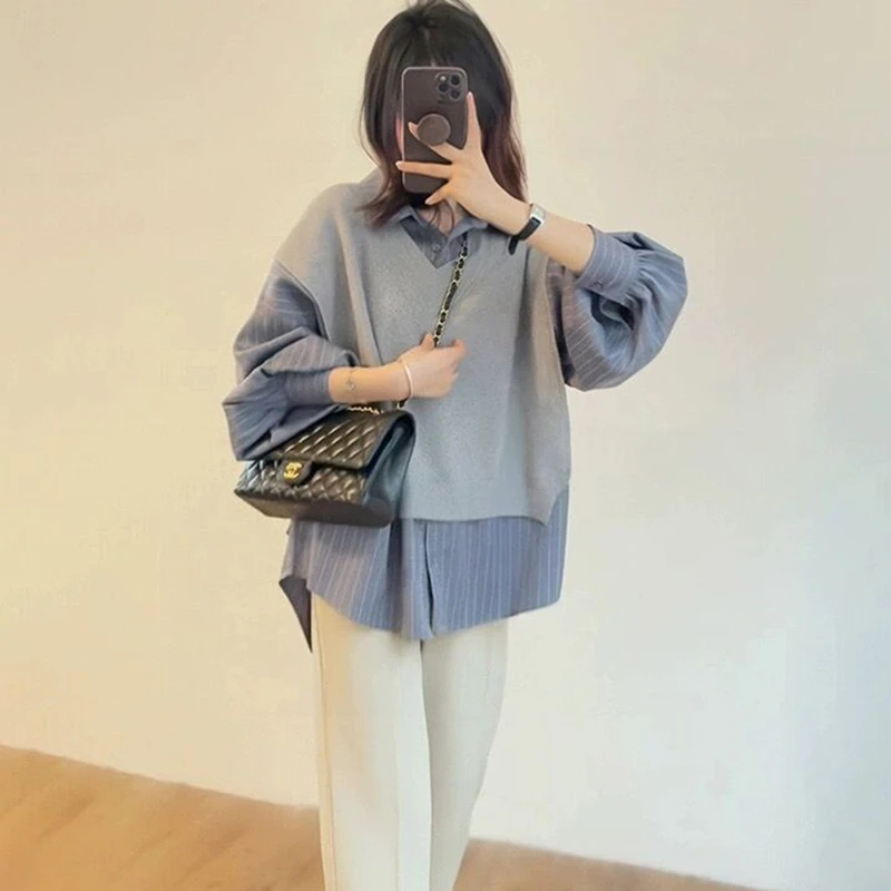 孕妇衬衣秋季韩版宽松衬衣2024新款上衣拼接衬衣孕妇假两件春秋款