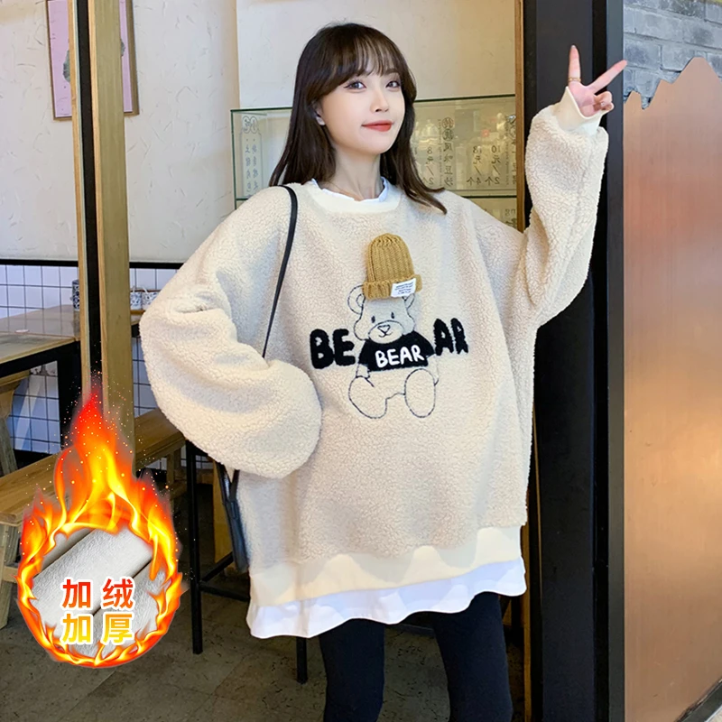 孕妇卫衣冬季新款加绒加厚立体刺绣小熊拼接假两件孕妇上衣保暖