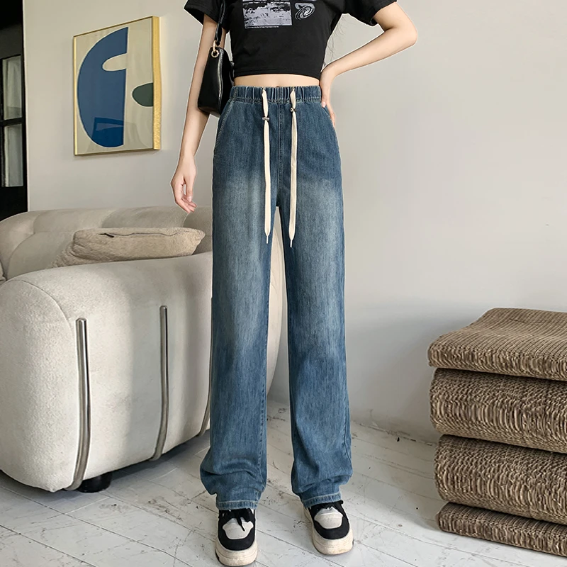 复古孕妇阔腿牛仔裤女2024年春秋新款高个子抽绳显瘦夏季直筒裤子