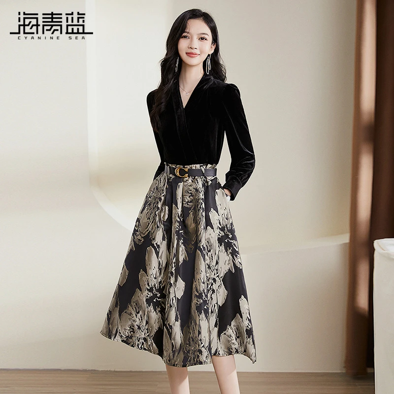 CYANINE SEA/海青蓝2024秋冬新款复古高级感收腰假两件裙子